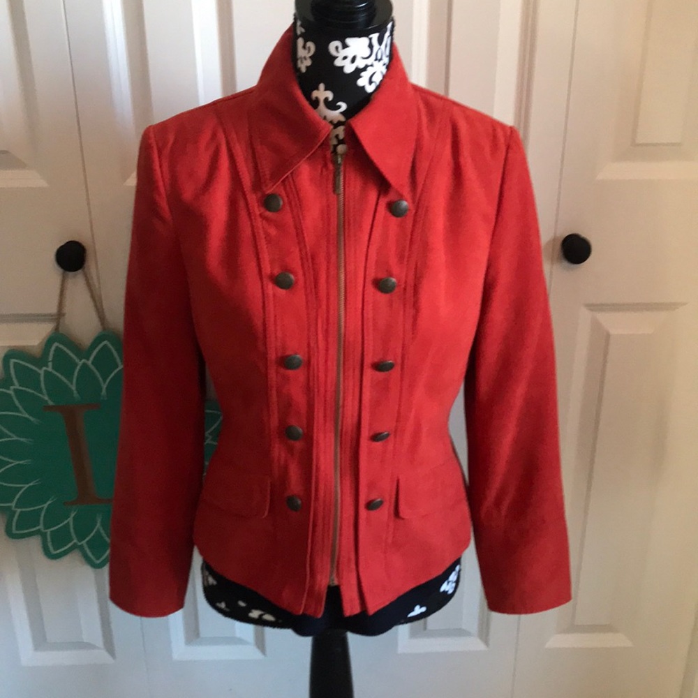 Fabulous faux suede burnt orange jacket with front zip and accent buttons
